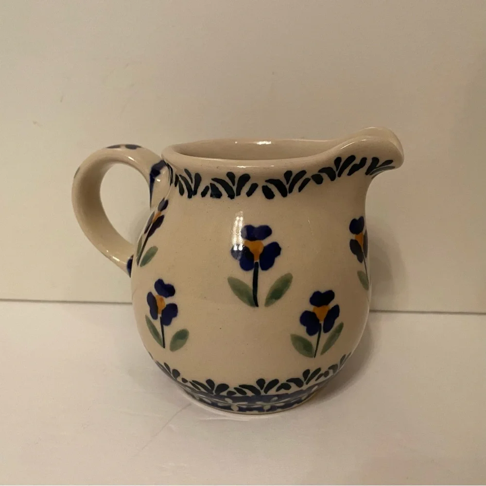 POLISH POTTERY CREAMER MINI PITCHER BLUE WHITE GREEN HANDMADE HOME BOLESLAWIEC